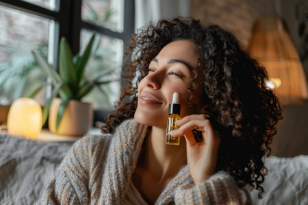 A confident young woman applies serum as part of her skincare routine in a cozy home environment.の素材