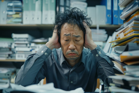 A stressed Japanese businessman deals with work difficulties in the office, his face conveying the strain of the tasks before him.の素材
