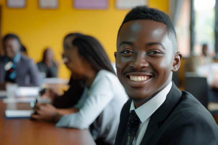 A young African entrepreneur smiles confidently in a professional office boardroom meeting, exuding determination and leadership.の素材
