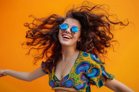 A vivacious Spanish woman dances with joyous moves to music against a bright orange backdrop.の素材