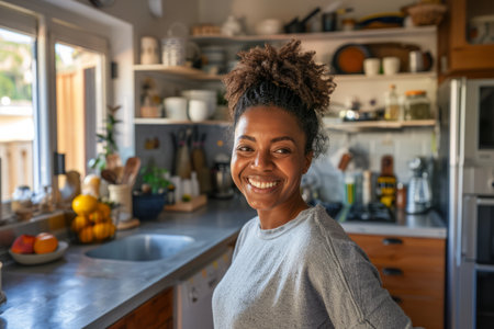Joyful woman in her kitchenの素材