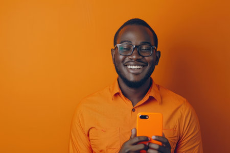 With a bright smile, an African-American man recommends a smartphone app on a vibrant orange background, exuding charm and professionalism.の素材