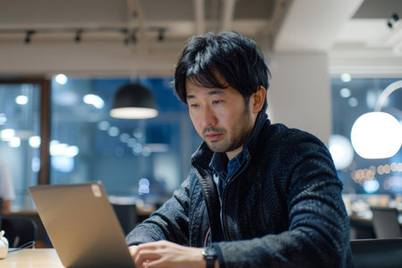 A motivated Japanese man concentrates on his laptop in a well-lit office, showing success and positivity in his work.の素材
