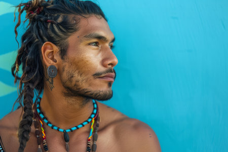 Proud indigenous gentleman showcasing his stylish braided hair and adorned with traditional jewelry against a vibrant blue background.の素材