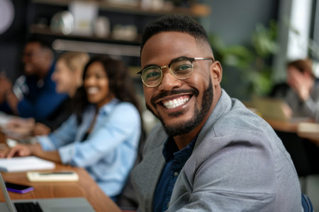 A confident young African-American male entrepreneur smiles warmly in a professional office boardroom meeting, exuding charisma and determination.の素材
