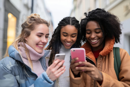 Three joyful companions enjoying a mobile phone together outdoors - Young women using smartphone on urban sidewalk - Connectivity, camaraderie, and contemporary lifestyle.の素材