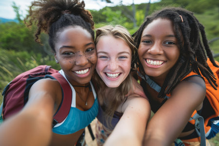 Three enthusiastic young women, from various cultural backgrounds, immortalizing their city adventure with a selfie - Multiracial females grinning at the camera during an outdoor excursion - Conveying the essence of camaraderie and the joy of shared travel experiences.の素材