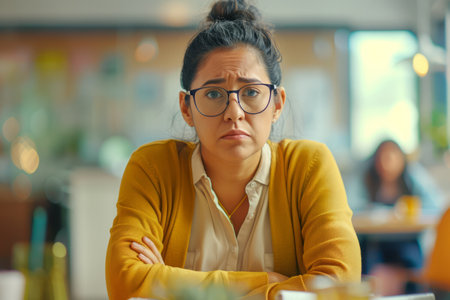 A worried Latina businesswoman faces workplace challenges in the office, her expression revealing the pressure she is under.の素材