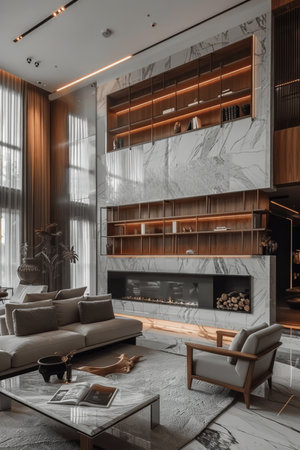 An opulent country house interior featuring a living room adorned with a marble wall fireplace, a floor-to-ceiling stylish bookcase, and modern wood and LED light accents, complemented by sleek gray furniture.の素材