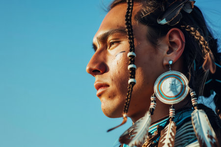 Assured Native American male displaying his fashionable braided hair and ornate jewelry against a serene blue background.の素材