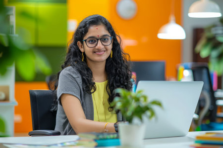 An optimistic Indian woman works on her laptop in a vibrant office setting, showing success and positivity.の素材