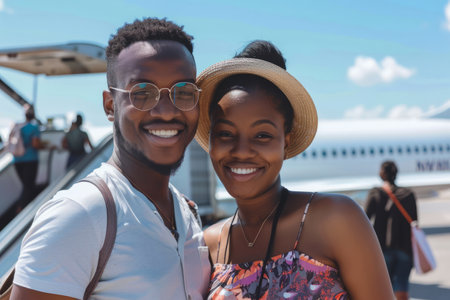 With smiles on their faces, a young Afro-American couple happily boards a plane at the airport, ready for a summer vacation filled with joy and exploration.の素材