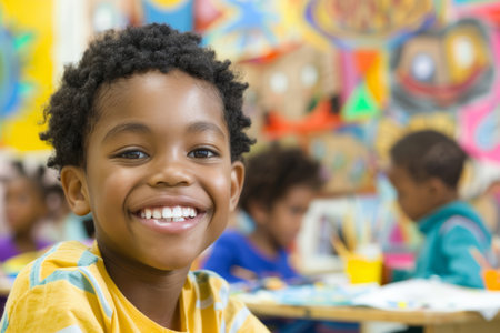 A young Afro-American boy exudes happiness as he engages in an art and creativity class, his smile reflecting the pleasure of creating something new.の素材