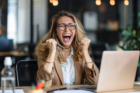 An overjoyed female professional expresses happiness as she works on her laptop in the office boardroom, her smile infectious.の素材