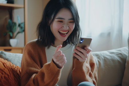 With enthusiasm, a happy young Asian woman, around 25 years old, holds a smartphone while sitting on a sofa at home. Her radiant expression reflects joy and satisfaction as she looks at the mobile smartphone screen, gesturing yes with a clenched fist, illustrating the happiness derived from technology.の素材