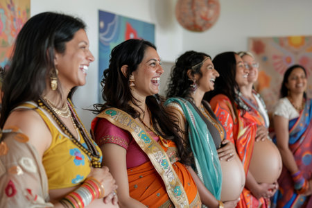 Mothers-to-be, rejoicing in the third trimester, gather with smiles and unwavering support to celebrate the journey of pregnancy.の素材