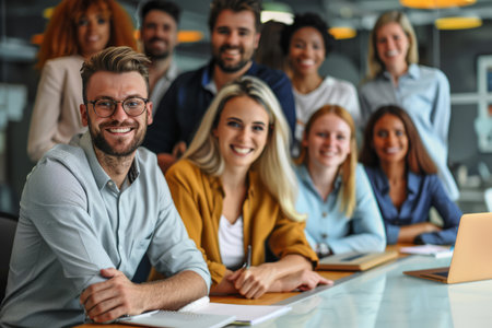 Proud and united, the members of a successful business team smile brightly in the office, conveying confidence as they face the camera.の素材