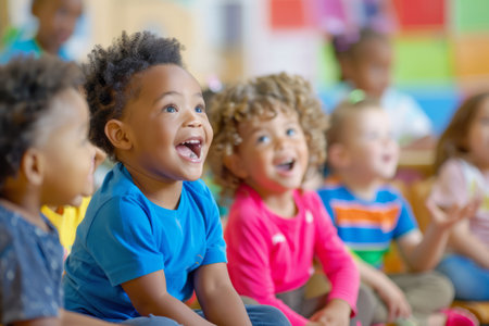 Little ones in class energetically vocalize vowel sounds, their eager voices filling the room as they engage in a group activity focused on phonetic development.の素材