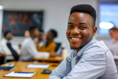 With unwavering confidence, a young African entrepreneur smiles brightly in the office boardroom meeting, signaling his readiness to drive success and innovation.の素材