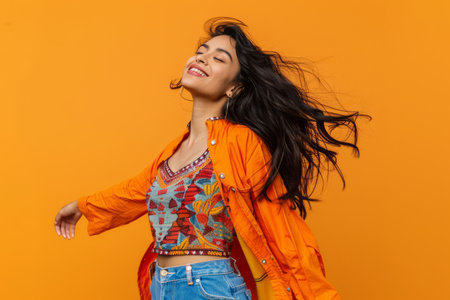 An enthusiastic Indian woman dances with cheerful moves to music against a bright orange backdrop.の素材