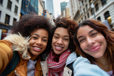 Three diverse young women capturing a moment with a selfie while strolling through the city streets - Multicultural females smiling at the camera in an outdoor setting - Emphasizing friendship and the joy of exploring new destinations together.の素材