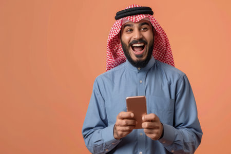 A smiling Arab man enthusiastically recommends a vibrant mobile app on a peach background, his excitement evident in his expression.の素材