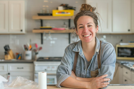 Woman homeowner smiling as she renovates her kitchen with precise DIY woodworking - Bringing creativity and passion to home improvement projects.の素材