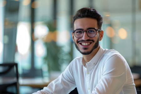 With a bright smile, a young Arab male entrepreneur radiates confidence in the professional office boardroom meeting, inspiring trust and credibility.の素材