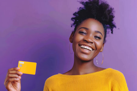 A joyful African-American woman pays with a card against a vibrant purple background, expressing satisfaction and convenience.の素材