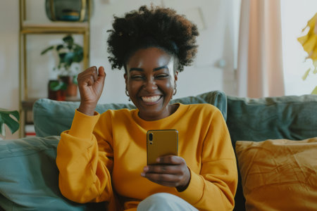 An enthusiastic young African American woman sits comfortably on a sofa at home, holding a smartphone, her expression filled with happiness as she looks at the mobile screen and gestures yes with a clenched fist, showing the positive role of technology in her life.の素材