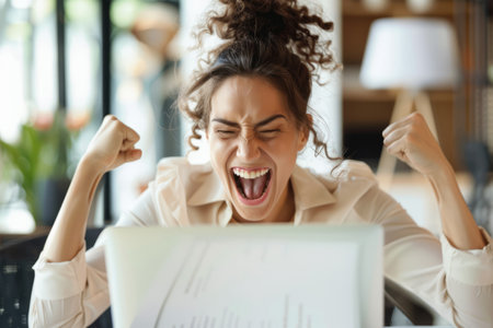 An overjoyed female professional expresses happiness as she works on her laptop in the office boardroom, her smile infectious.の素材