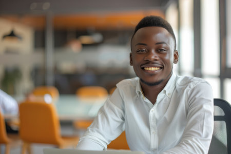 With unwavering confidence, a young African entrepreneur smiles brightly in the office boardroom meeting, signaling his readiness to drive success and innovation.の素材
