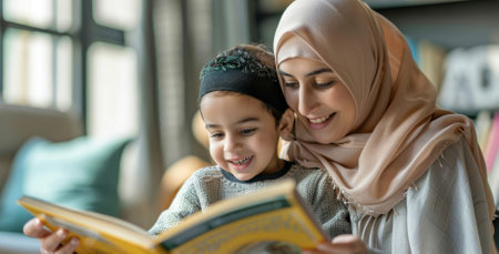 An excited Arab mother and child enjoy reading a book together while doing homework, radiating joy from their learning experience.の素材