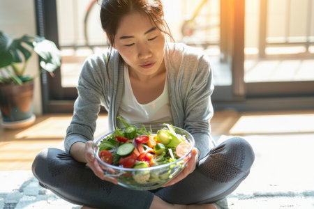 A plump Japanese woman in athletic attire enjoys a vegetable salad from a glass bowl while sitting on the floor, committed to her healthy diet and fitness routine.の素材