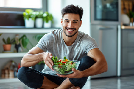 A handsome Latino man in sport clothes savors a vegetable salad from a glass bowl while seated on the floor, demonstrating dedication to following a slimming and exercise program.の素材