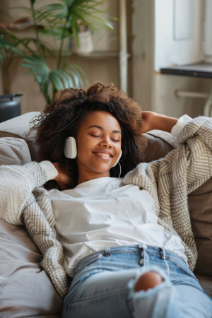 A cheerful Japanese woman with curly hair relaxes on a sofa, listening to music using headphones connected to her smartphone. Her joyful expression indicates she's having a great time in a cozy home setting.の素材