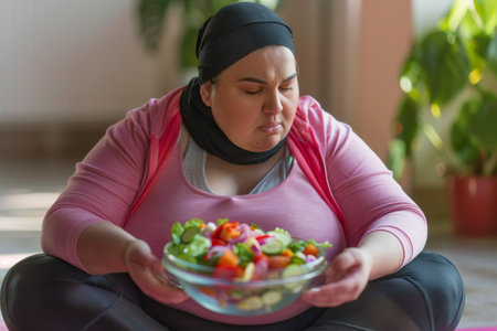A plump Arab woman in athletic clothes savors a vegetable salad from a glass bowl while seated on the floor, committed to following a slimming and exercise program.の素材