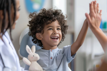 A Latina boy, holding a toy rabbit, sits in the dental chair and happily gives a high-five to the nurse during the doctor's appointment.の素材