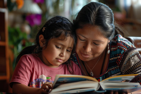 A Latino mother and child revel in reading a book together while completing homework, their enthusiasm for learning shining through.の素材