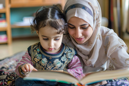 A young Arab mother and child share excitement as they read a book together while doing homework, cherishing their educational journey.の素材