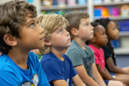 Elementary school students sit attentively, vocalizing vowel sounds with curiosity and concentration, actively participating in their language learning journey.の素材