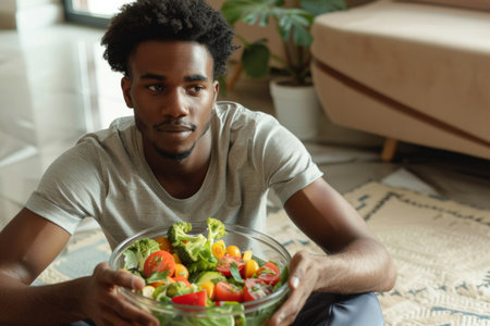 An African-American man in sportswear enjoys a vegetable salad from a glass bowl while sitting on the floor, embodying the principles of a healthy diet and exercise regimen at home.の素材
