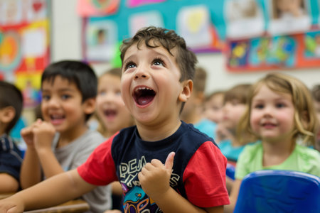 Young students enthusiastically practicing vowel sounds aloud in class, fostering early literacy skills and phonetic awareness.の素材