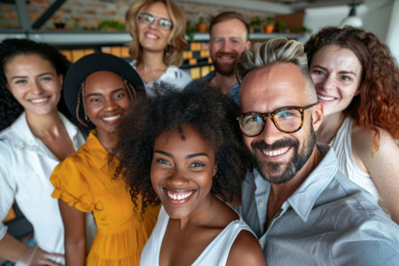 Proud and united, the members of a successful business team smile brightly in the office, conveying confidence as they face the camera.の素材