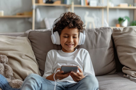 A cheerful Latino boy, with big white headphones, uses his smartphone to listen to an online playlist, indulging in music and leisure. Relaxing on a cozy couch at home, he engages in a video call, enjoying his digital escape.の素材