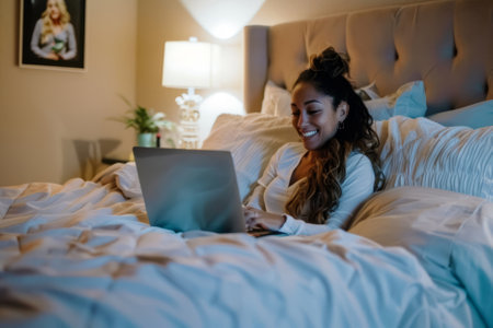 A cheerful Latina businesswoman relaxes in her bedroom, engrossed in surfing the net on her laptop. The cozy atmosphere of the room enhances her enjoyment.の素材