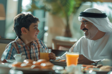A dedicated Arab father and son share a joyful breakfast in the hotel, cherishing their time together and creating lasting memories against a backdrop of hospitality and comfort.の素材