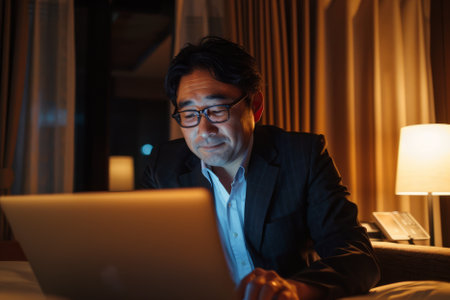 A content Japanese businessman sits back in a hotel room, engrossed in surfing the net on his laptop. The soft lighting creates a cozy atmosphere for his online activities.の素材