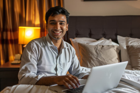A cheerful Indian businessman relaxes in his bedroom, browsing the internet on his laptop. The warm colors of the background add to the inviting feel of the space.の素材