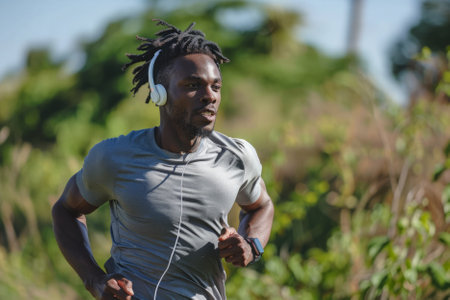 A dedicated sportsman of African descent finds his rhythm while running outdoors, his headphones piping motivating music into his ears.の素材